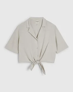 Beige Linen Blend Tie Front Shirt