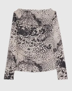 Beige Long Sleeve Boat Neck Spot Print Top
