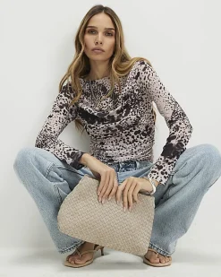 Beige Long Sleeve Boat Neck Spot Print Top