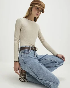 Beige Long Sleeve Scallop Trim Top