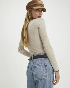 Beige Long Sleeve Scallop Trim Top