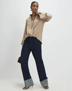 Beige Long Sleeve Wrap Blouse