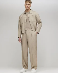 Beige Loose Fit Pinstripe Trousers