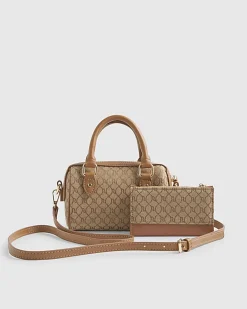 Beige Mini Diamante Bowler Bag And Purse