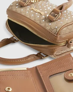 Beige Mini Diamante Bowler Bag And Purse