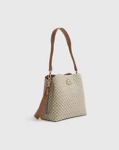 Beige Monogram Print Bucket Bag