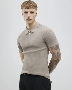 Beige Muscle Fit Rib Polo Shirt