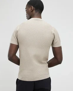 Beige Muscle Fit Zig Zag Texture T-shirt