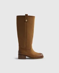 Beige Nubuck Leather Knee High Boots