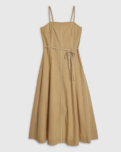 Beige Piped Rope Belted Midi Dress