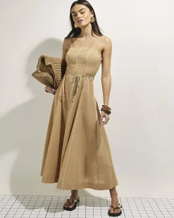 Beige Piped Rope Belted Midi Dress
