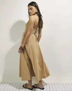 Beige Piped Rope Belted Midi Dress