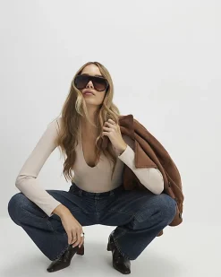 Beige Plunge Neckline Long Sleeve Bodysuit