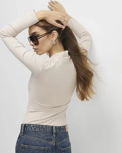 Beige Plunge Neckline Long Sleeve Bodysuit