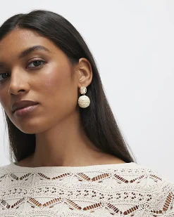 Beige Raffia Bead Ball Stud Earrings