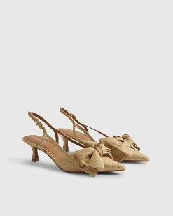Beige Raffia Bow Slingback Court Heels