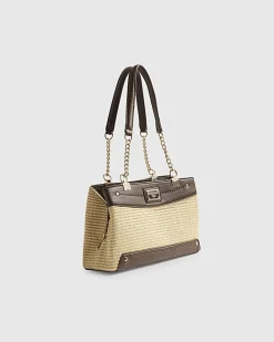 Beige Raffia Chain Handle Shoulder Bag
