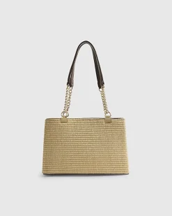 Beige Raffia Chain Handle Shoulder Bag
