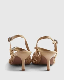 Beige Raffia Diamante Slingback Heels