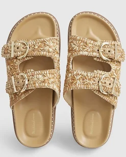 Beige Raffia Double Buckle Footbed Sandals