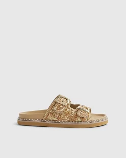 Beige Raffia Double Buckle Footbed Sandals