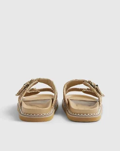 Beige Raffia Double Buckle Footbed Sandals