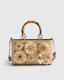 Beige Raffia Gem Flower Tote Bag
