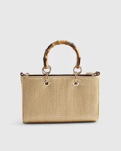 Beige Raffia Gem Flower Tote Bag