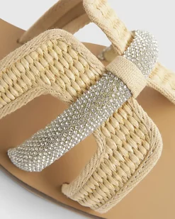 Beige Raffia H Strap Flat Sandals