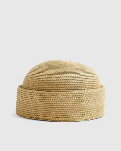 Beige Raffia Turn Back Pillbox Hat