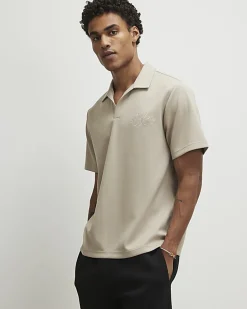 Beige Regular Fit Open Neck Polo Shirt