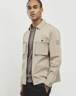 Beige Regular Fit Utility Zipped Overshirt