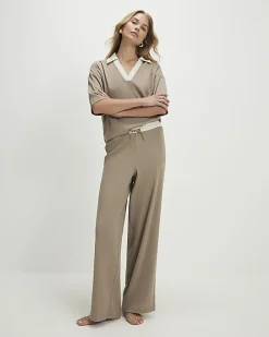 Beige Ribbed Polo Loungewear Set