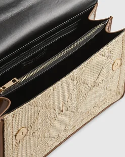 Beige RR Paneled Raffia Shoulder Bag