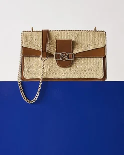 Beige RR Paneled Raffia Shoulder Bag