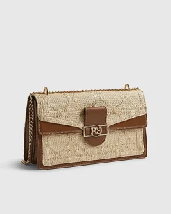 Beige RR Paneled Raffia Shoulder Bag
