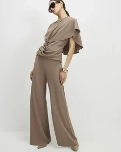 Beige Ruched Front Spiral Trim Top