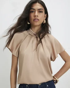 Beige Satin Angel Sleeve Twist Front Top