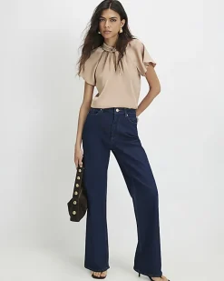 Beige Satin Angel Sleeve Twist Front Top