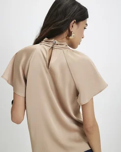 Beige Satin Angel Sleeve Twist Front Top