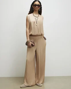 Beige Satin Elasticated Wide Leg Trousers