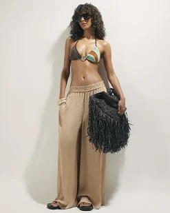 Beige Satin Elasticated Wide Leg Trousers