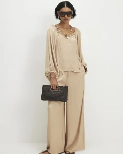 Beige Satin Notch Neck Blouse