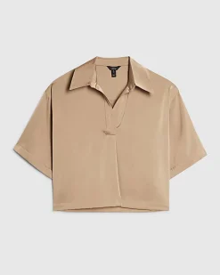 Beige Satin Polo Top