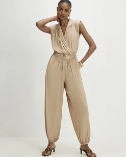 Beige Satin Shoulder Pad Balloon Leg Jumpsuit