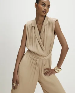 Beige Satin Shoulder Pad Balloon Leg Jumpsuit