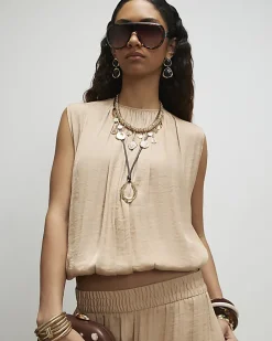 Beige Satin Sleeveless Bubble Hem Top