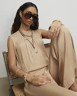 Beige Satin Sleeveless Bubble Hem Top