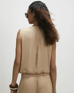 Beige Satin Sleeveless Bubble Hem Top