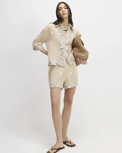 Beige Sequin Embellished Beach Shirt